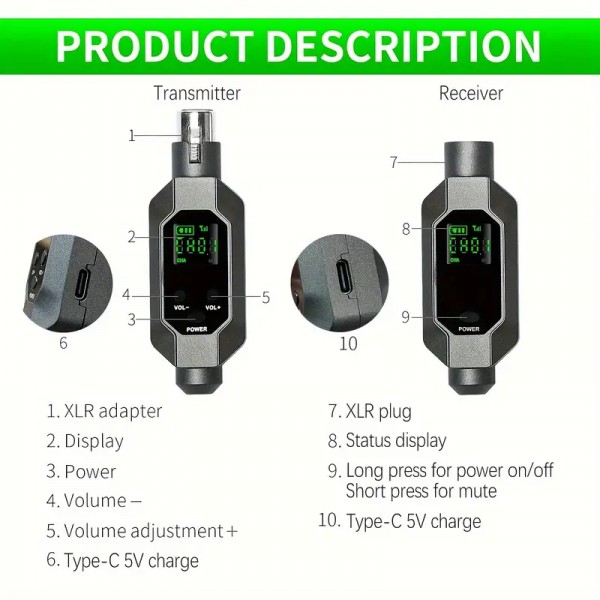 WOXLINE 50 Ασύρματος XLR Plug-on Πομπός Δέκτης για Δυναμικό Μικρόφωνο 