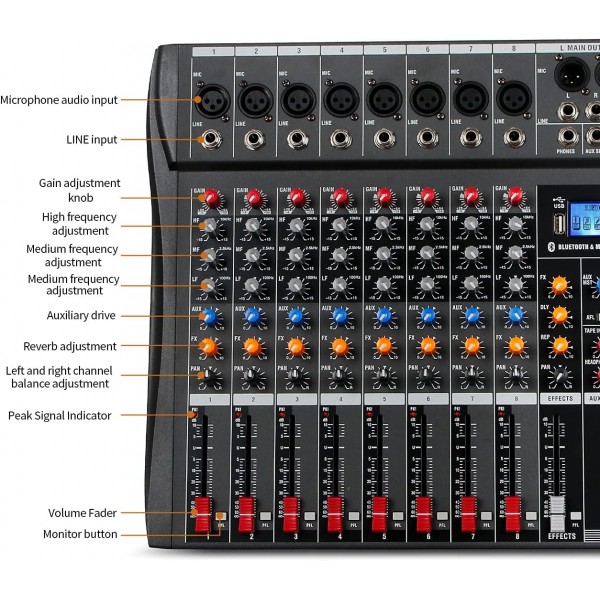 8 Channel Audio Mixer Console 48V Phantom w USB Bluetooth 