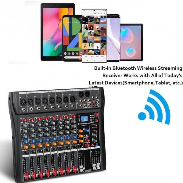 8 Channel Audio Mixer Console 48V Phantom w USB Bluetooth 