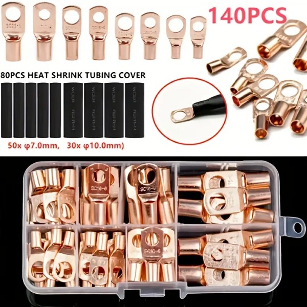 140pcs Wire Lug Connector Ring, SC6-25 Copper Connectors, Bare Cable Electric Crimp