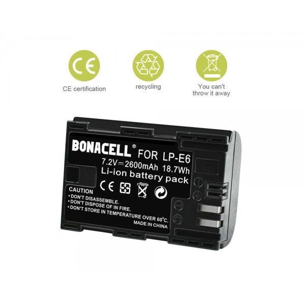 2600mAh BONACELL LP-E6 Li-ion Battery for EOS 5D Mark II III 7D 60D 80D S5A4